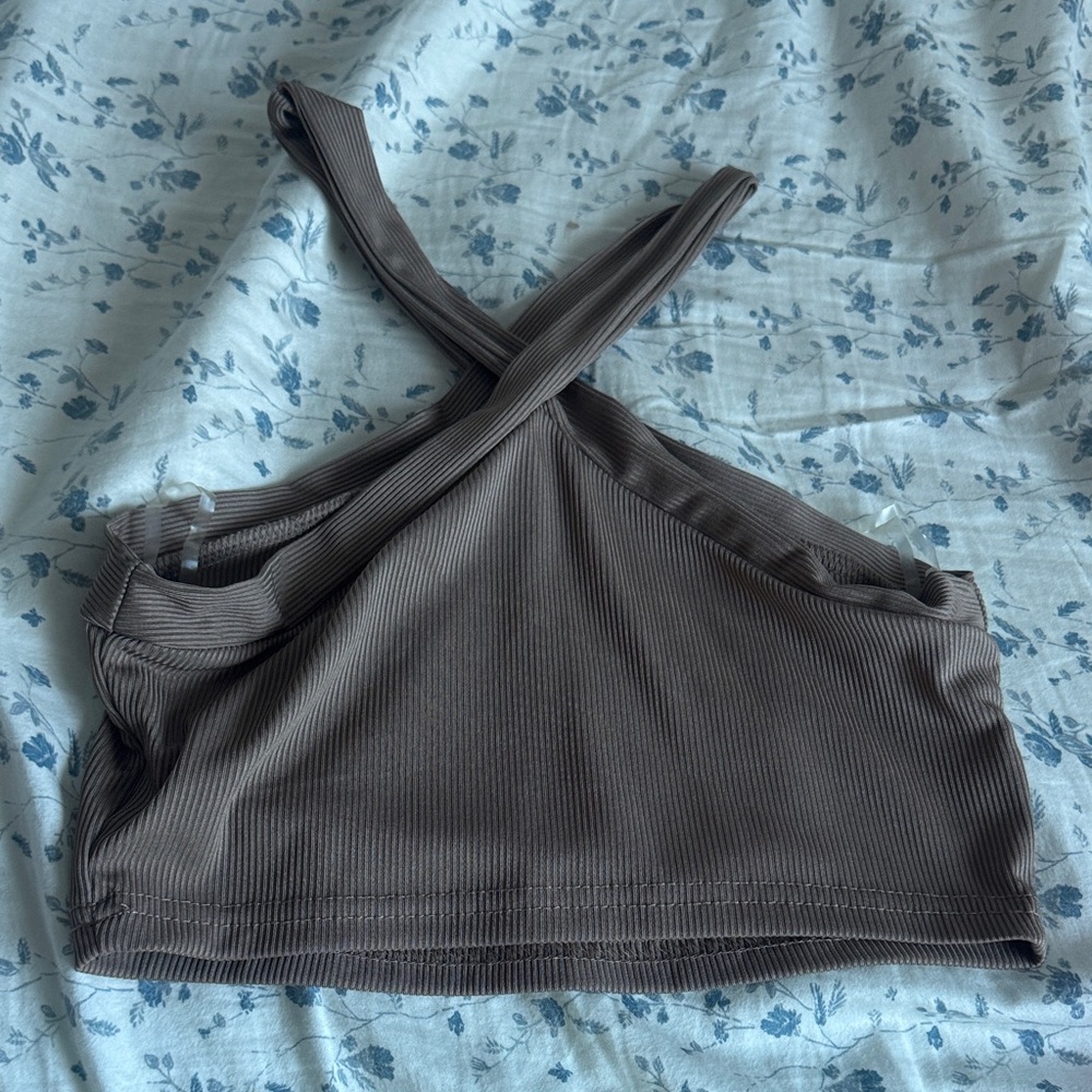 SHEIN Brown Ribbed Cross-Back Top